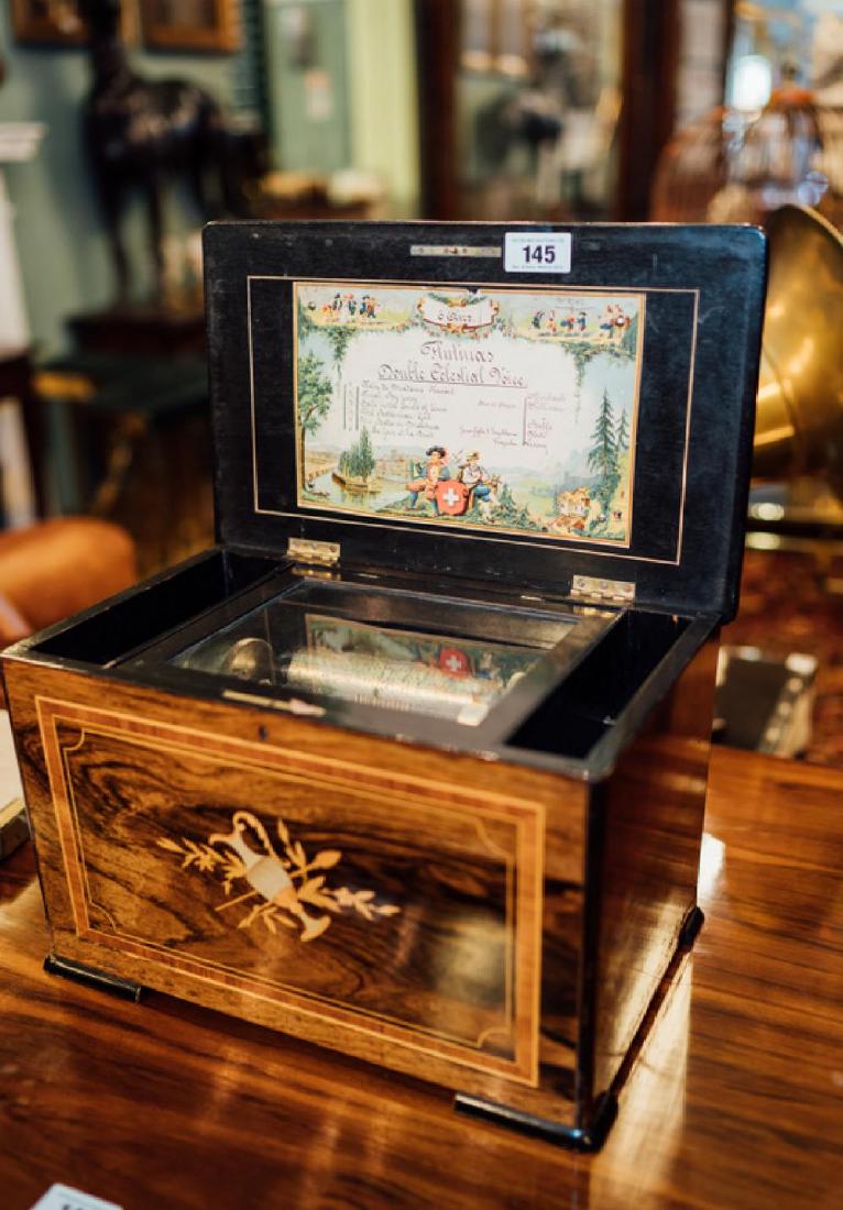 19th C. inlaid rosewood cylinder music box. (1 of 1)