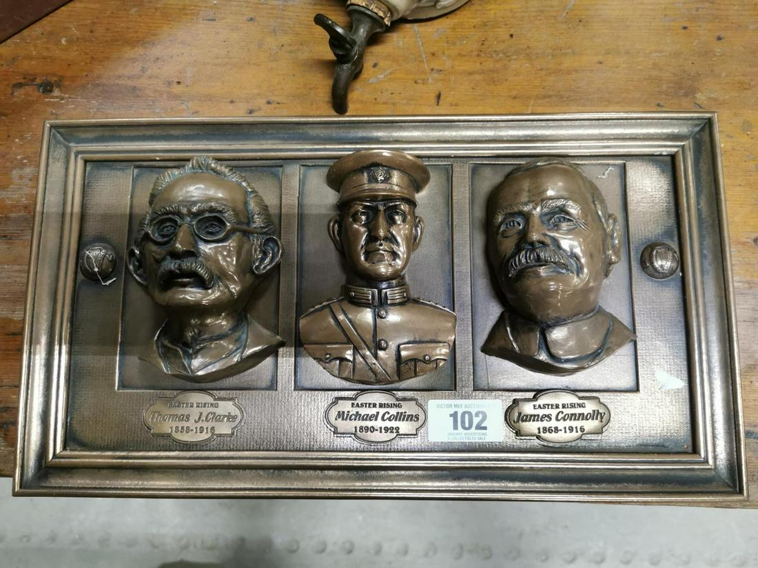Commemorative Resin Plaque.: Commemorative Resin Plaque depicting Thomas J. Clarke, Michael Collins and James Connolly {24cm H X 44cm W}