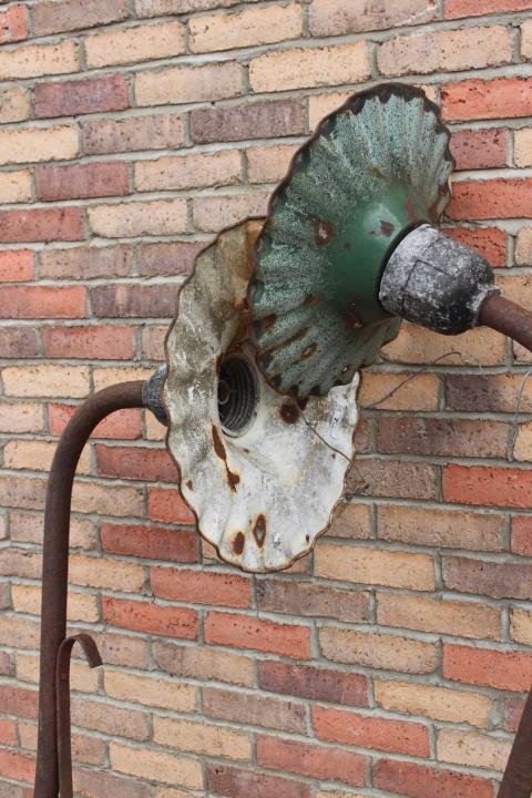 Two metal swan neck wall lights.: Two metal swan neck wall lights {1. 170 cm H x shade 44 cm Dia and 2. 160 cm H x shade 50 cm Dia}.