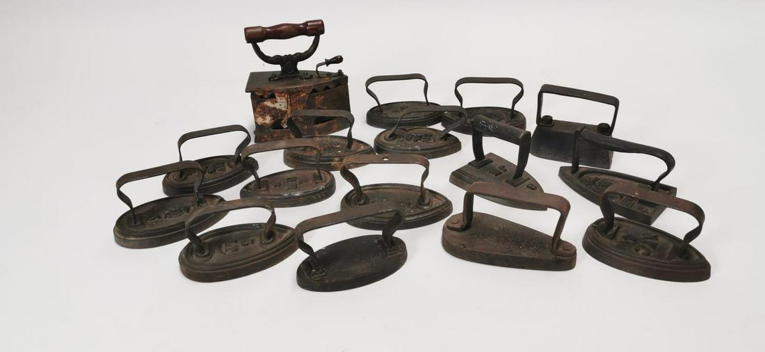 Sixteen 19th C. irons.: Sixteen 19th C. cast iron Irons.