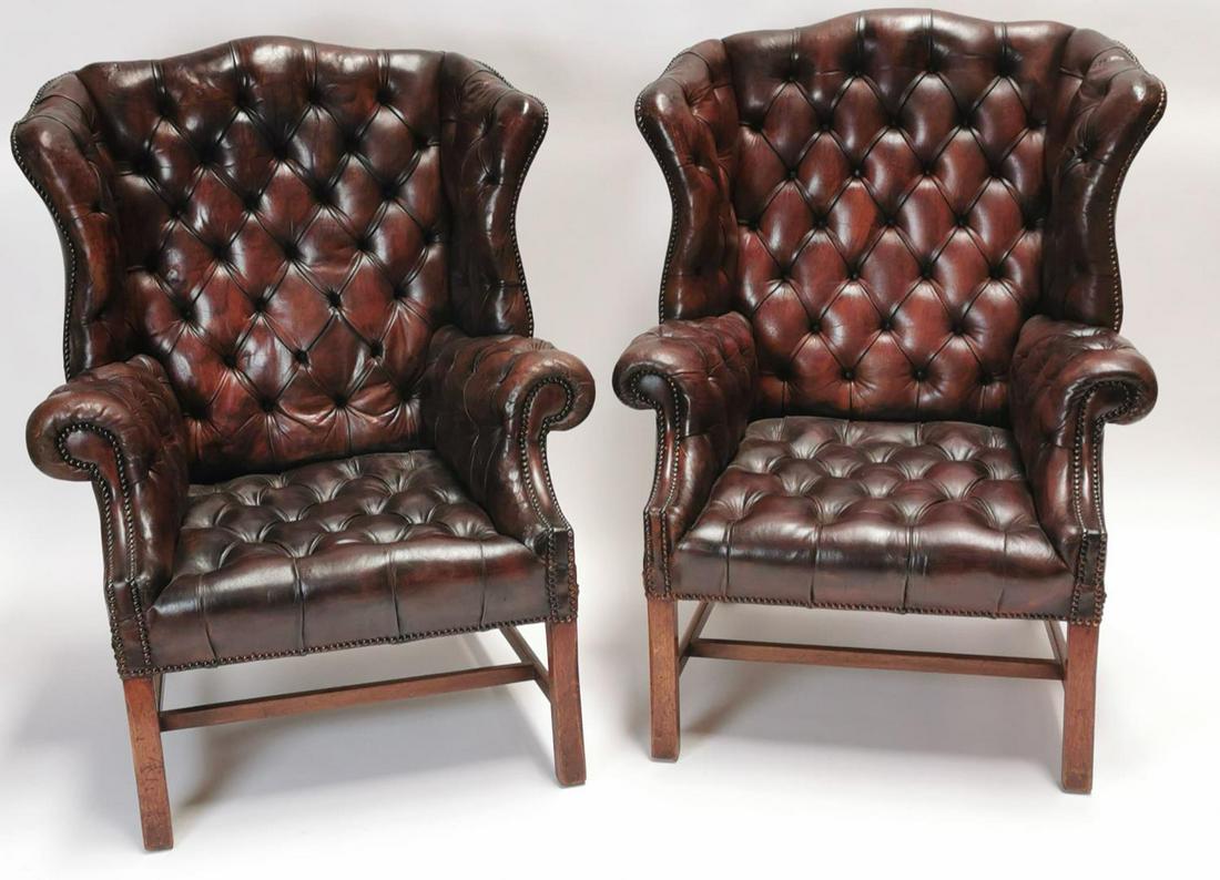 Pair of 19th C. deep buttoned cigar leather: Pair of 19th C. exceptional quality hand died cigar leather deep buttoned Chesterfield wing back arm chairs on square legs and single stretcher {118 cm H x 89 cm W x 88 cm D each}.