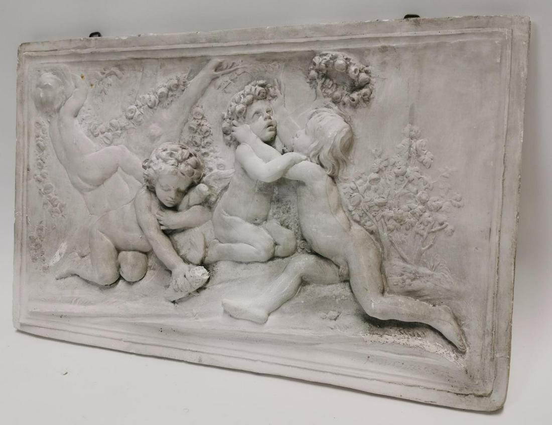 Early 20th C. plaster wall plaque depicting Grecian: Early 20th C. plaster wall plaque depicting Grecian scene {86 cm H x 90 cm W}.
