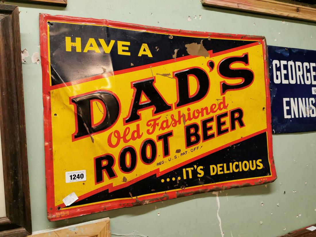 Dad's Root Beer advertising sign.: Dad's Root Beer tinplate advertising sign. { 48cm H X 69cm W }.