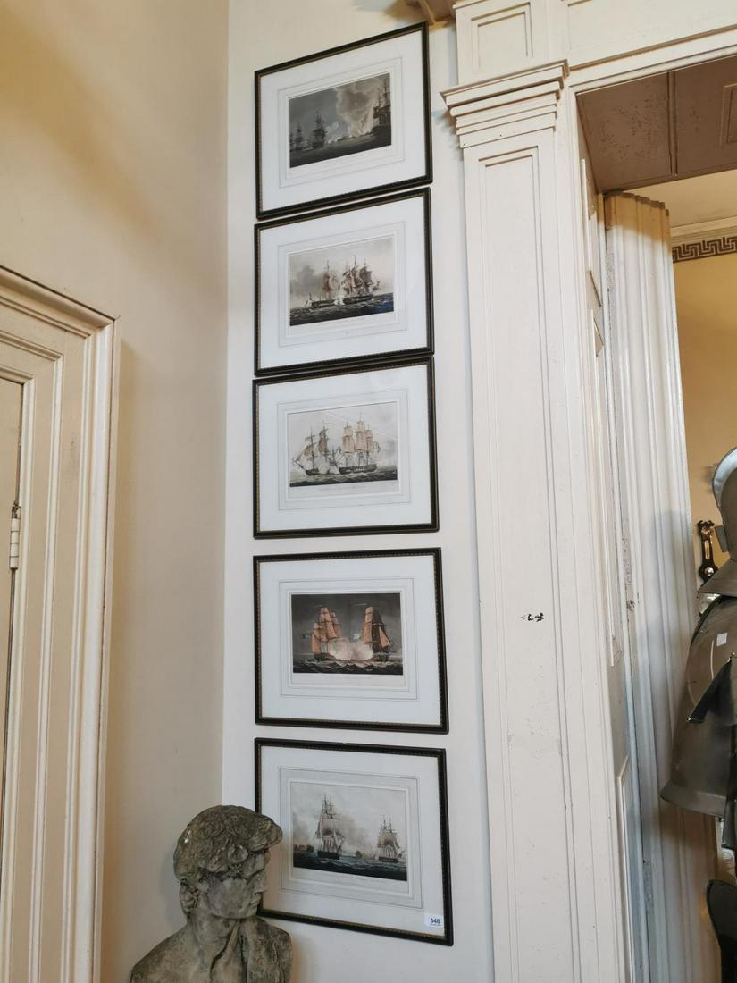 Set of five coloured Naval prints: A set of five aquatint engravings of marine battle scenes after Thomas Whitcombe (1763-1824) including 'Capture of La Cleopatre', Capture of La Neriede', 'Capture of La Confiante', 'Battle of the Nile