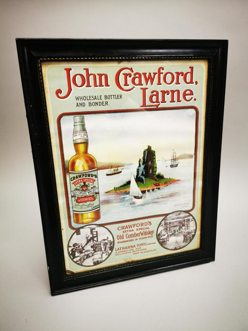 John Crawford Irish Whiskey advertising print.: John Crawford Irish Whiskey framed advertising print {53 cm H x 41 cm W}.