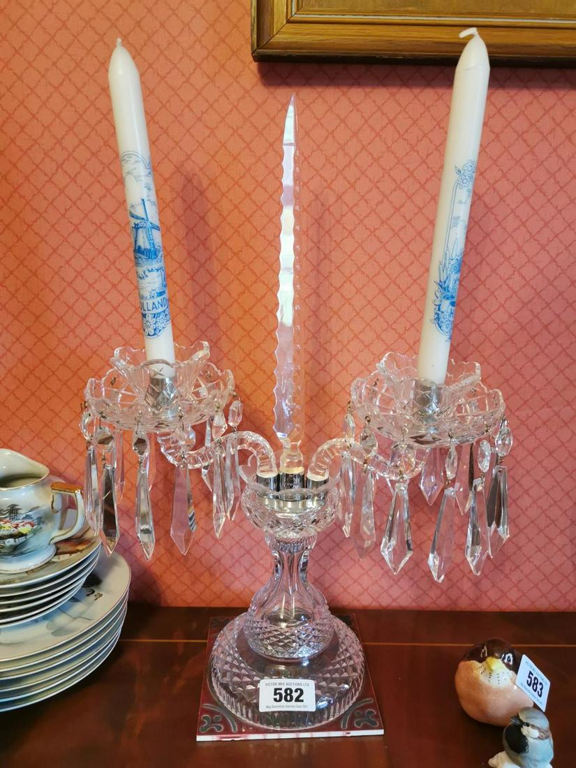 Waterford Crystal candelabra: Waterford Crystal two branch candelabra { 50cm H X 34cm W }.