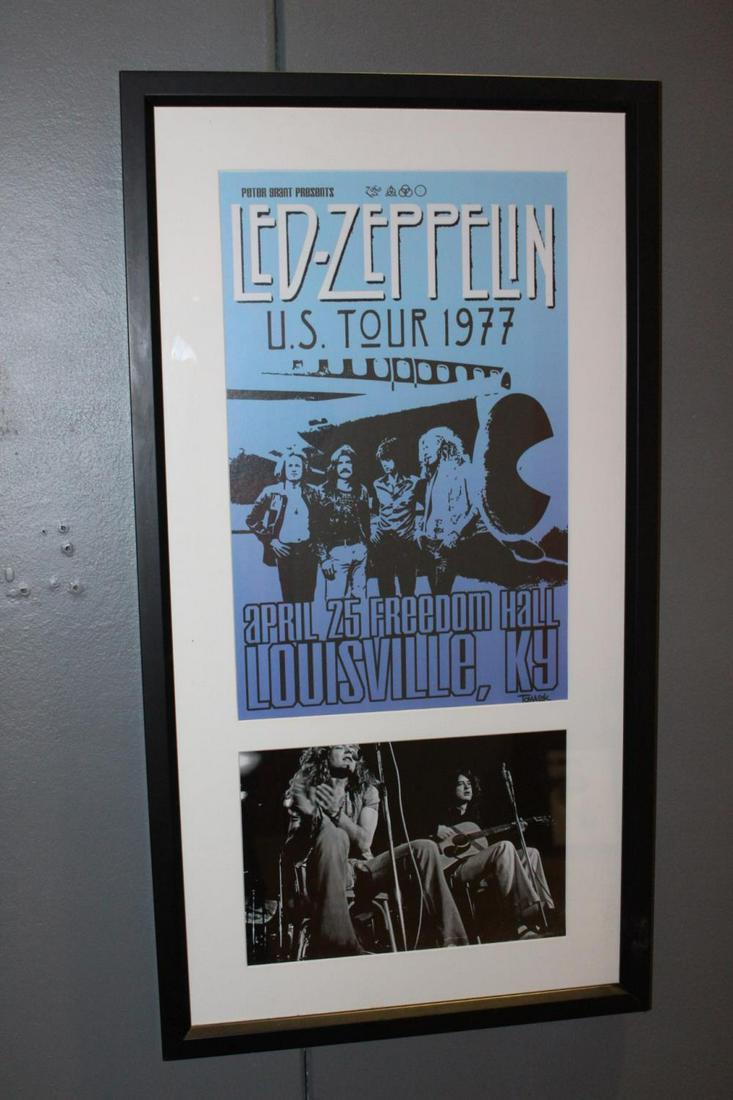 Led Zeppelin print: Led Zeppelin US tour 1977 poster with black and white photograph on black frame. {72 cm H x 40 cm W}.