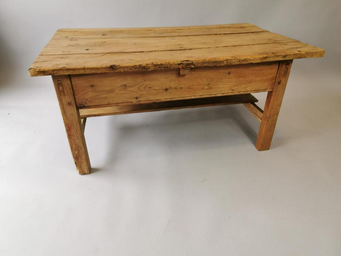 19th. C. painted pine coffee table: 19th. C. painted pine coffee table raised on square legs and single stretcher { 48cmH X 110cm W X 68cm D }.