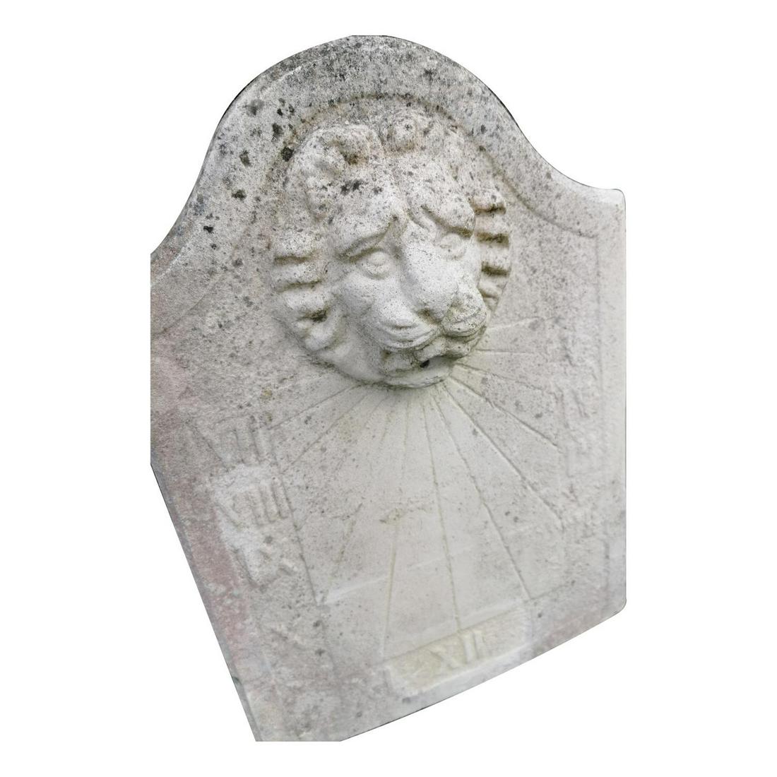 Pair of moulded stone wall sundials: Pair of moulded stone wall sundials. {46 cm H x 42 cm Diam}.