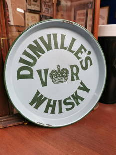 Dunville's VR Whiskey advertising tray.: Dunville's VR Whiskey enamel advertising drinks tray by Richard Patterson & Co Belfast {30 cm Dia.}.