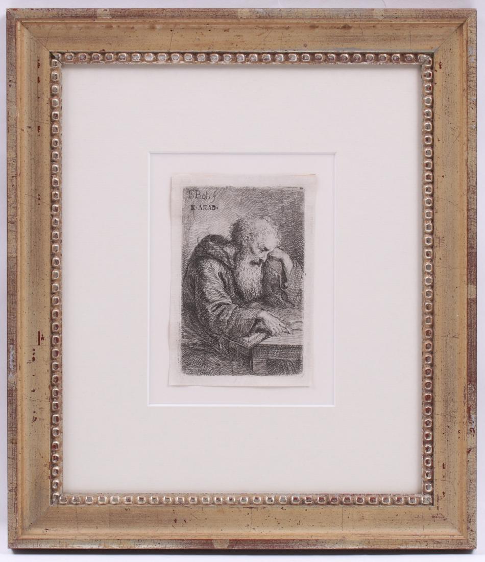 After Ferdinand Bol (Dutch 1616 - 1680) Etching: After Ferdinand Bol (Dutch 1616 - 1680) Etching Titled "A Capuchin Monk Reading a Book", signed in the plate, later edition, also marked in the plate is "A. Akad", the mark for the Bibliothek der Akad