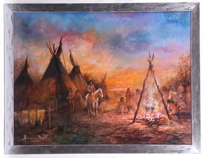 Americo Makk (Hungarian/American 1927-2015) O/C: Depicting Native Americans / Plains Indians around a campfire, with teepees and horses, signed at the lower left. Dimensions: Approximately 30" x 40", the frame 33 1/2" x 43 1/2". Provenance: From a l