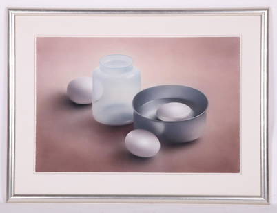 Robert Peterson (1943 - 2011) Pastel on Paper: A large still life titled "Floating Egg with Glass Jar", labeled verso for the Jerald Melberg Gallery and dated for 1995. Dimensions: 31 1/2" x 47", the frame 46" x 61". Provenance: From a Main