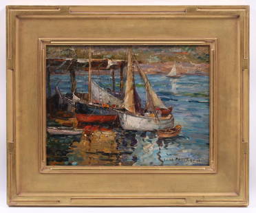 Jane Peterson (1876 - 1965) Oil on Board: A harbor scene, signed at the lower right corner. Dimensions: 12" x 16", the frame 19" x 23".