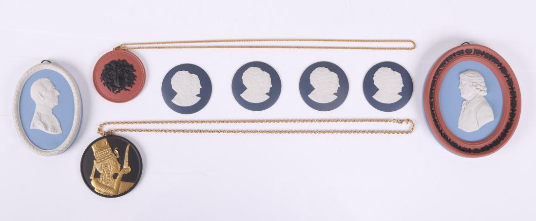 A Group of Wedgwood Medallions: Four identical examples that commemorate the Buten Museum, a Medusa pendant, a black basalt and gilt Egyptian pendant, a Earl of Mountbatten medallion, and a four color medallion that celebrates the 2