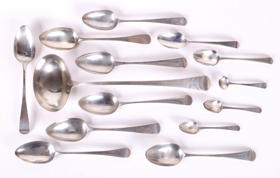 British Sterling Silver, Hester Bateman and Family: Hester Bateman: a 6 1/2" etched oval soup spoon, the hallmarks partly rubbed, a 6 3/4" oval soup spoon, the hallmarks partly rubbed but may be 1778, and an 8 1/4" tablespoon, London 1776, monogrammed.