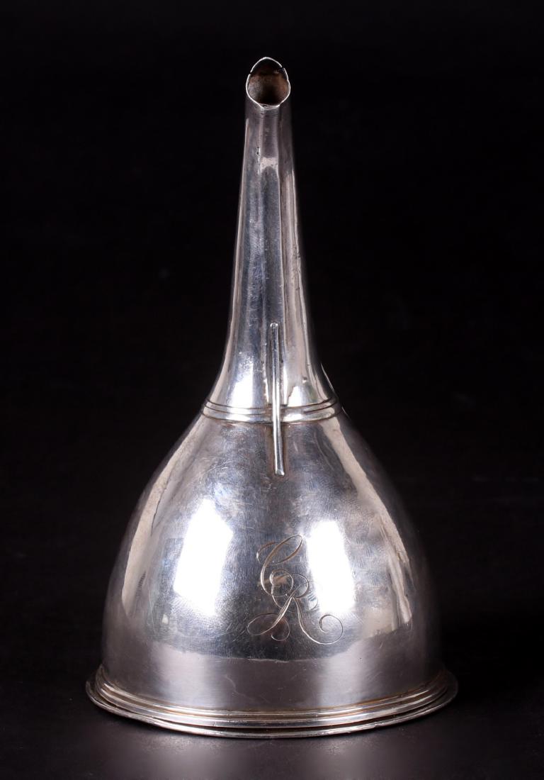 Georgian Sterling Silver Wine Funnel: With removable strainer, the funnel decorated with family crest and monogrammed. The pieces appear to have matching marks, although the hallmarks are partially rubbed, and the funnel has visible marks