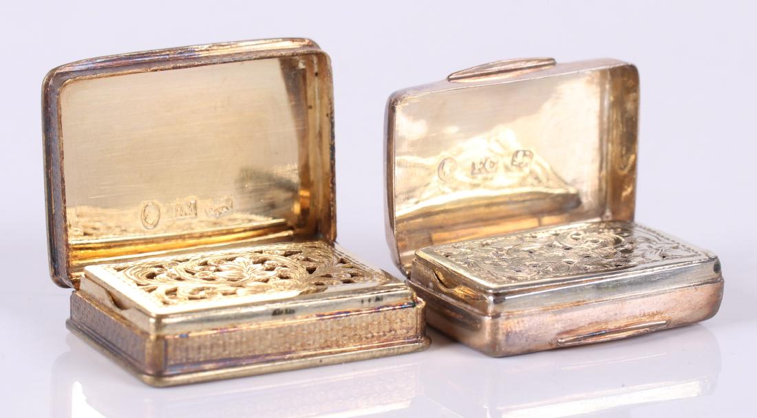 Two Birmingham Sterling Silver Vinaigrettes: One dated for 1842, and the maker Francis Clark, the other by the well known silversmith Nathaniel Mills , dated for 1836. Dimensions: 1" x 3/4" x 1/4" and 1 1/4" x 1" x 1/4". The approximate combined