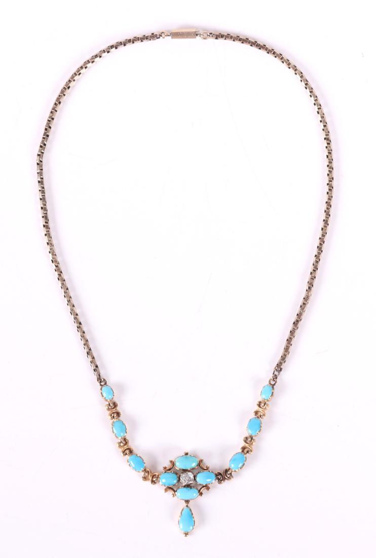 An Antique Gold Diamond, Turquoise Choker Necklace: Late 19th or early 20th century, 14k gold, set with turquoise and a single mine cut diamond. The diamond is J -SSI, the size is approximately .33 ct. Dimensions: The total approximate gross weight is 