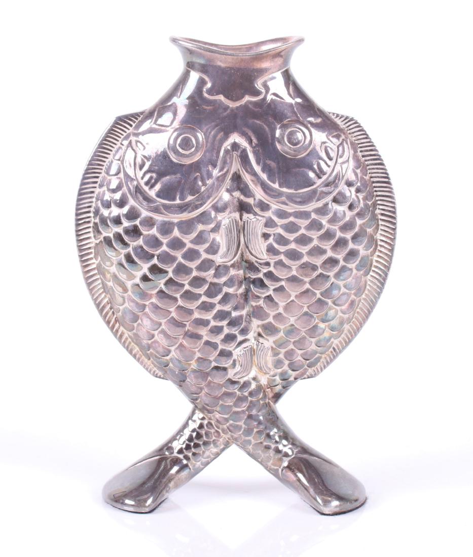 Silver Plate Fish Form Vase by Christofle: 20th century, in the form of two intertwined fish, marked as pictured. Dimensions: 4" x 2", 6" tall. Provenance: From a local collection.
