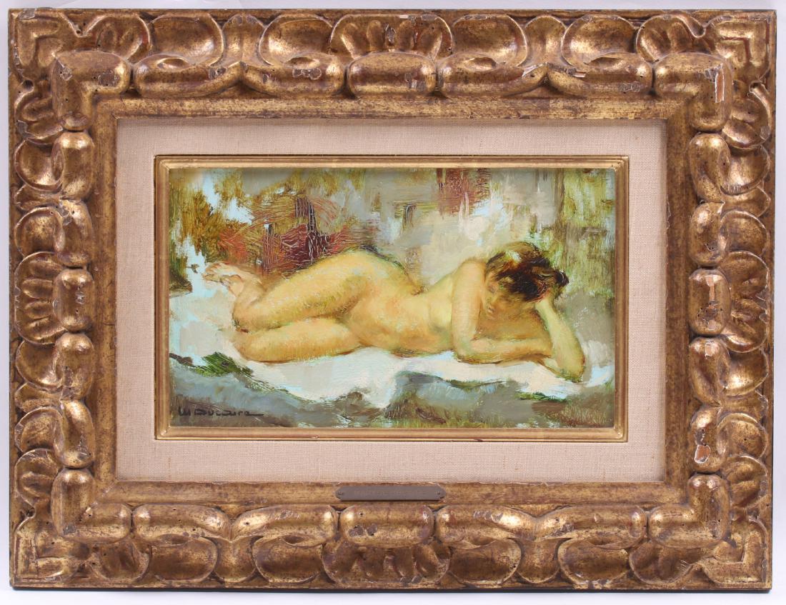 Maryse Ducaire-Rogue (French 1911-1992) O/C: Oil on canvas, depicting a nude female reclining, signed at the lower left, also with nameplate affixed to the frame. Dimensions: 6 1/4" x 10 1/2", the frame 13 1/4" x 17 1/2". Provenance: From a Main