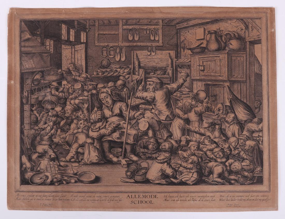 After Pieter Bruegel (Flem. c. 1525-1569) Engraving: 17th or early 18th century. Titled "Allemode School", engraved by Pieter de Baillieu, published by Michiel Bunel. Dimensions: 14 1/4" x 18 7/8". Provenance: From a local collection.