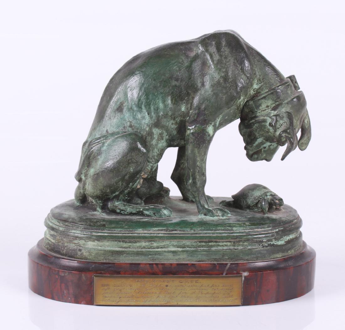 Alfred Jacquemart (1824 - 1896) Bronze, Dog: A 19th century bronze depicting a dog regarding a turtle, one a rouge marble base and with a brass plaque that features humorous text. Signed as pictured. Dimensions: 8" x 5", 7" tall. Provenance: Fro