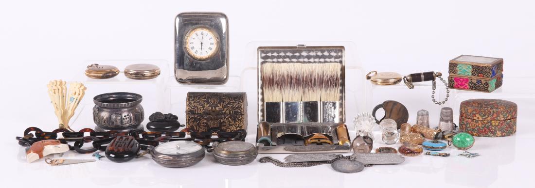 Estate Lot, Watches, Boxes, Etc...: Comprising: a Victorian silver plated napkin ring, a small oval tintype depicting a woman, a 19th century pocket watch with silver plated hunter case, a Waltham ladies pocket watch with a gold filled