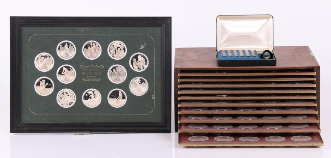Franklin Mint Medallions, Silver, Bronze: Comprising: "Norman Rockwell's Medallic Tribute to Robert Frost", limited edition proof set, with twelve 1 troy ounce sterling silver medallions, each cased and in a fitted display; "Presidential Mini