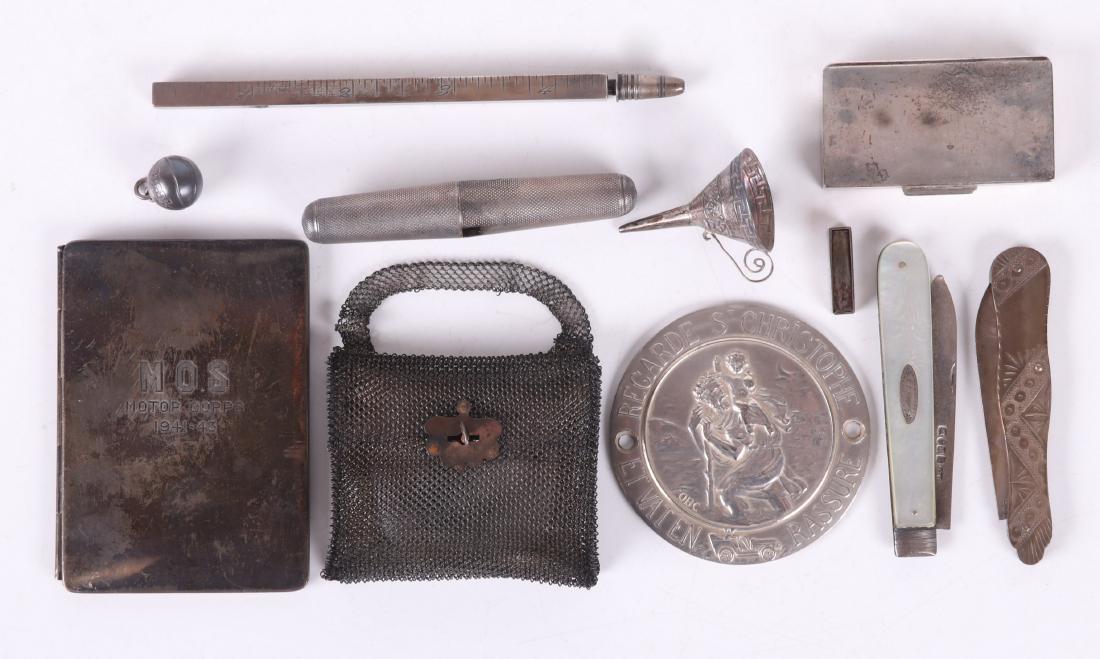 Estate Lot, Good Small Objects Including Silver: Comprising: an early 20th century sterling pill box, a 19th century English sterling travel corkscrew, a small mesh purse an American sterling mechanical pencil/ruler, a small sterling basketball pend