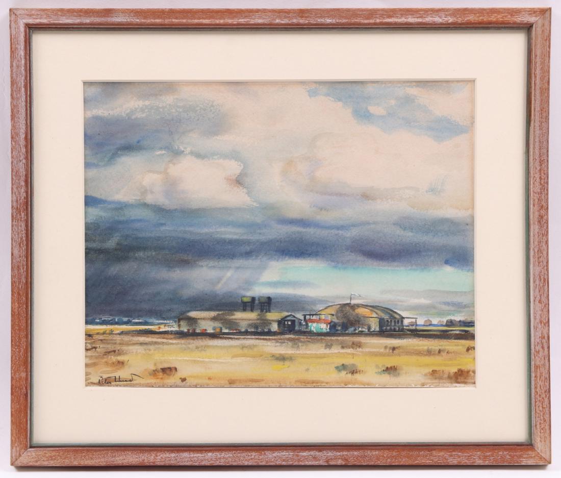 Peter Hurd (American 1904 - 1984) Watercolor: Depicting a rural landscape with buildings, signed at the lower left. Dimensions: Sight 6 3/4" x 8 1/2", the frame 10 1/8" x 12". Provenance: From a local estate.