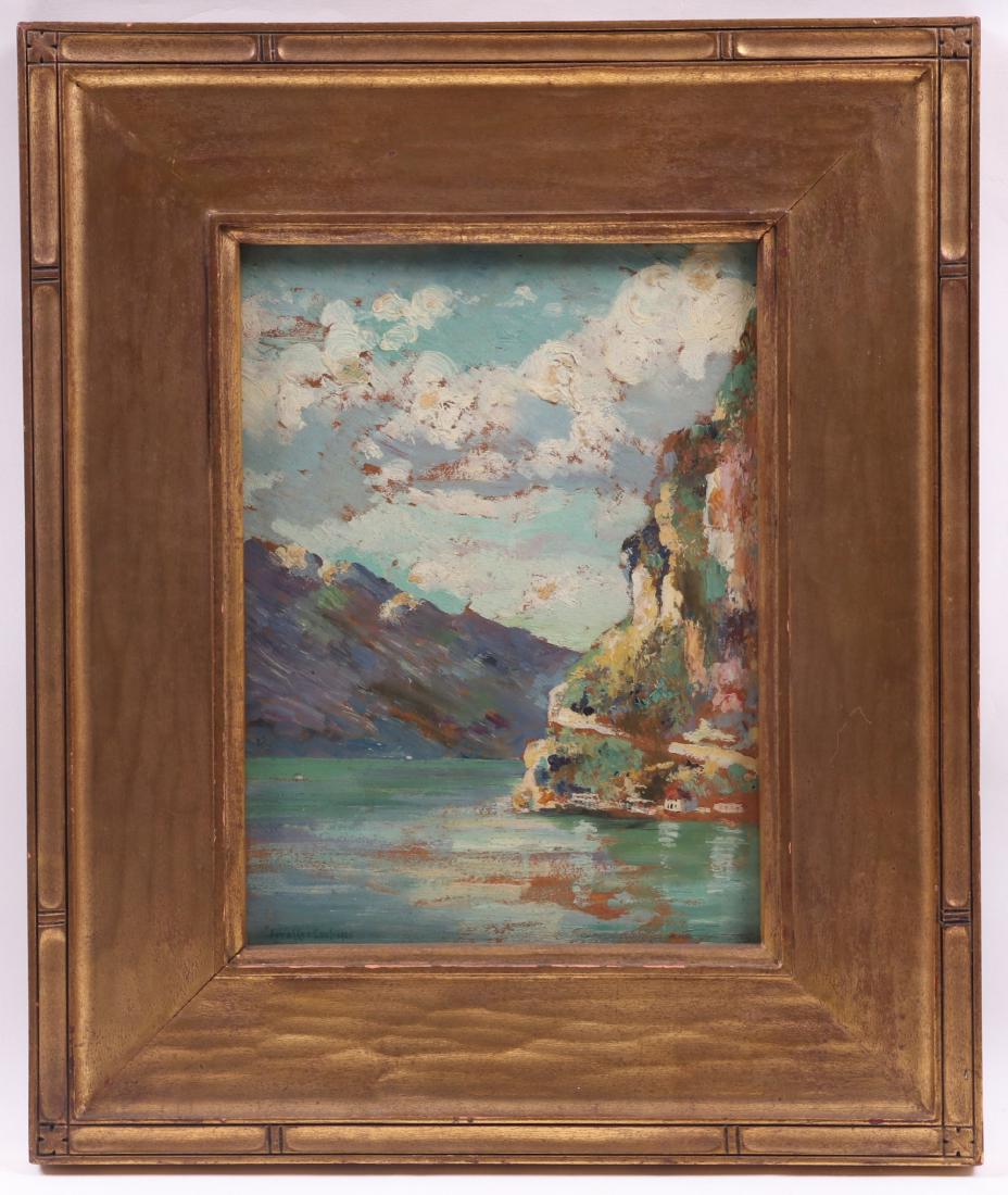Arrah Lee Gaul (American 1883 - 1980) Oil on Board: Titled "Lake Garda", signed at the lower left corner, with a fine Arts and Crafts period hand carved gilt frame. Dimensions: Sight 11 1/2" x 8 1/2", the frame 18 1/2" x 15 1/2". Provenance: From a loc