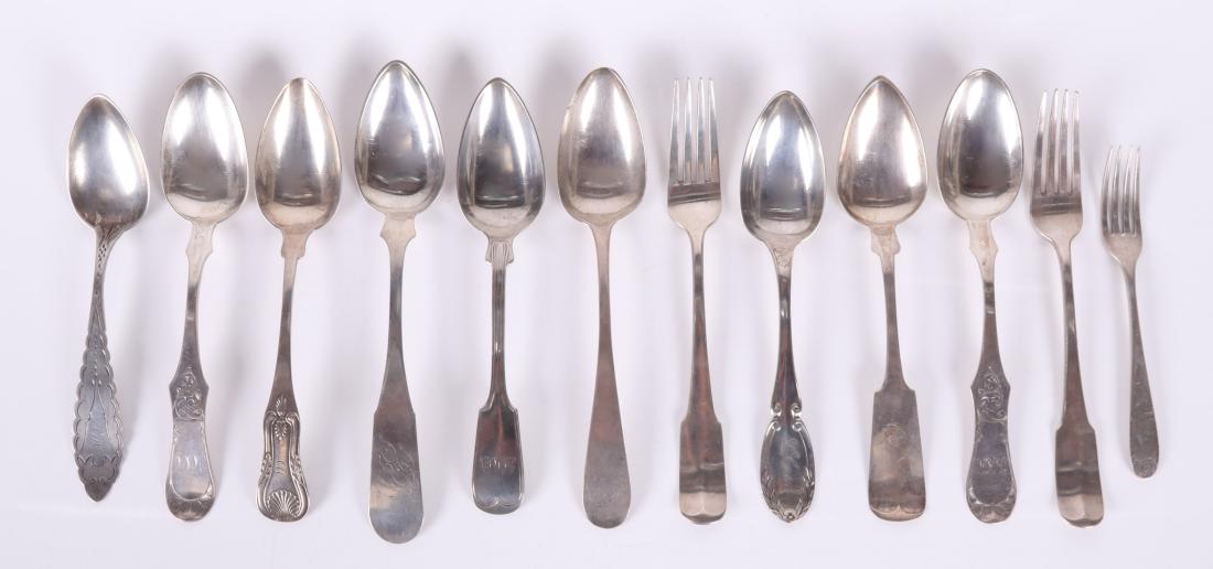 Group of Coin Silver Tablespoons and Forks: All from first half of the 19th century. Comprising: an undecorated tablespoon marked for James Willard, Connecticut; another tablespoon marked for Smith and Chitry, New York; a bright cut tablespoon 