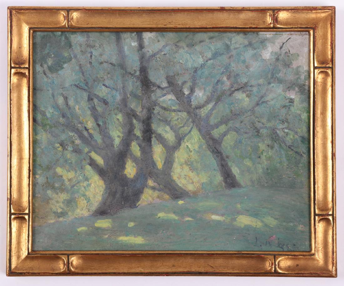Laura W. Luce (American 1845-1942) Oil on Board: A wooded landscape, signed at the lower right corner. Dimensions: 8" x 9 7/8", the frame 9 3/8" x 11 3/8". Provenance: From a Chester County estate.