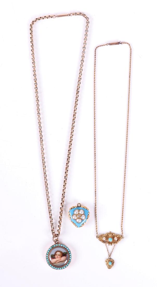 A Group of 19th Century Gold Estate Jewelry: A 14k gold pendant with porcelain plaque, hand painted and after Raphael, set with turquoise and with a 10k gold chain, a heart form enameled mourning pendant set with a central rose cut diamond surro