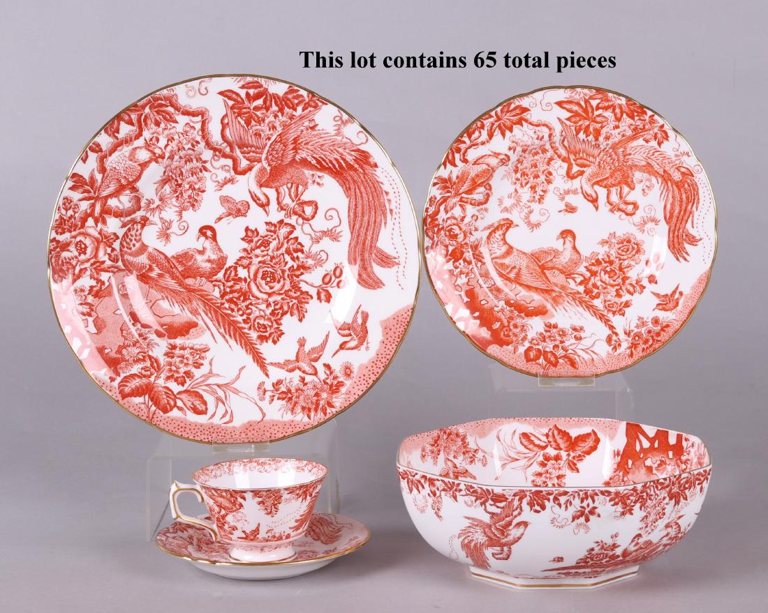 Porcelain Dinnerware, Royal Crown Derby, "Red Aves": Comprising: twenty-three 10 1/2" dinner plates, thirteen 8 1/4" salad plates, fourteen 4 1/4" including handle x 2 1/4" tall cups, a 3 5/8" x 2 1/8" tall open sugar bowl, thirteen 5 5/8" saucers, an 8