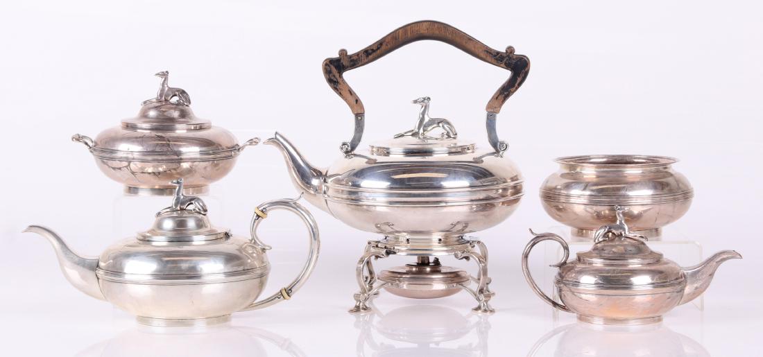 Five pc. Coin Silver Tea Set, Lincoln & Reed Boston: Mid 19th century (dated 1845) , a teapot, sugar, creamer and wastebowl marked for Lincoln and Reed, Boston with a kettle on stand made by Marcus & Co. New York circa 1900 to match the set. Four of the