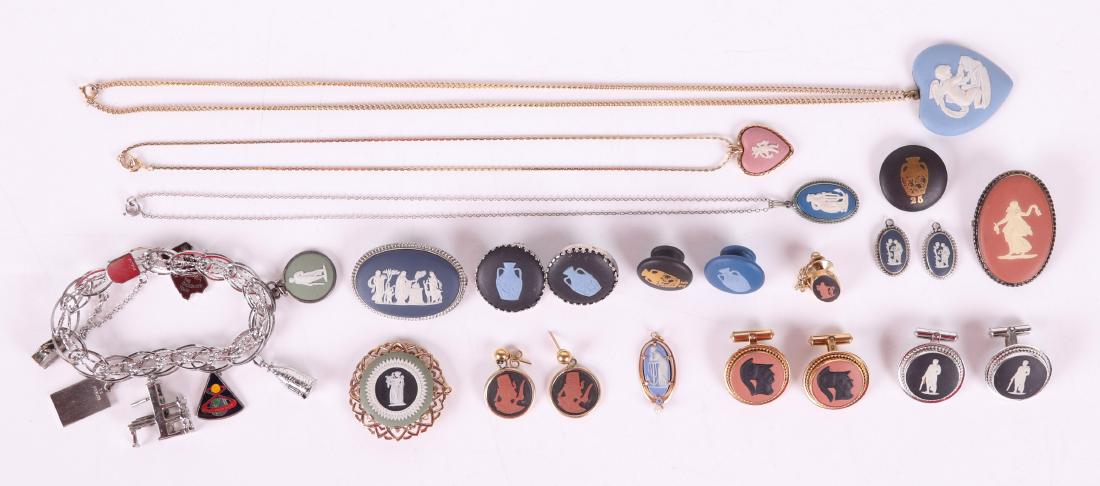 A Group of Wedgwood Jewelry, Including 14k Gold: Comprising: a pin with a tri-color medallion and 14k gold frame, a pair of 14k white gold lapel pins decorated with the Portland vase, a pair of 14k gold earrings with Egyptian decoration, a 14k gold 