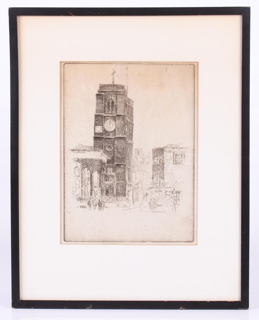 Joseph Pennell (1857-1926) Etching, "Chelsea Church": Titled "Chelsea Church Tower", pencil signed by the artist, dated 1905. Dimensions: Sight 11 1/4" x 8 1/4", the frame 18 3/4" x 14 3/4". Provenance: From a Delaware Valley estate.