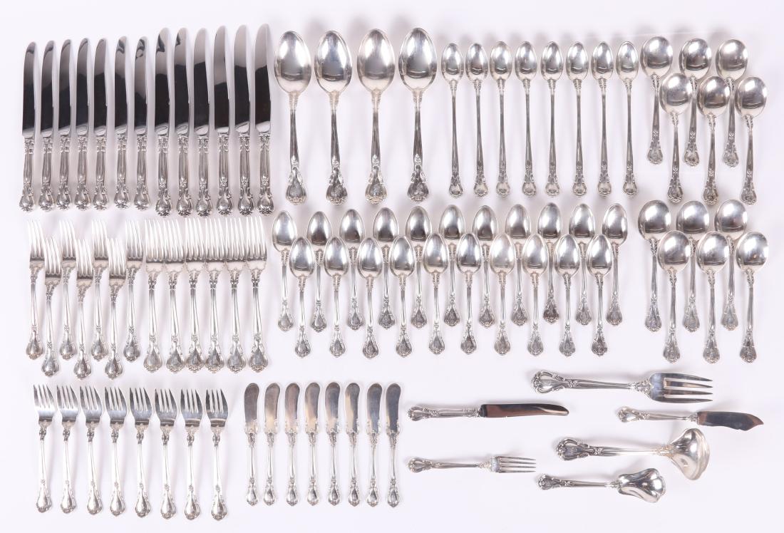 Sterling Silver Flatware Set, Gorham, "Chantilly": Comprising: six 7 1/2" forks; seven 7" forks; eight 6 1/2" salad forks; a 6" youth fork; twelve 6" round bowl soup spoons; twenty-one 5 3/4" teaspoons; eight 7 1/2" iced tea spoons; four 8 3/8" tables