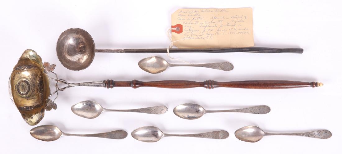 A Group of 18th and 19th Century Silver Flatware: An interesting 18th century ladle with a baleen handle and a bowl set with a Spanish coin with old tag bearing the text "Handmade Silver Ladle, Bone handle, coin in bottom-Spanish Portrait of Carlos I