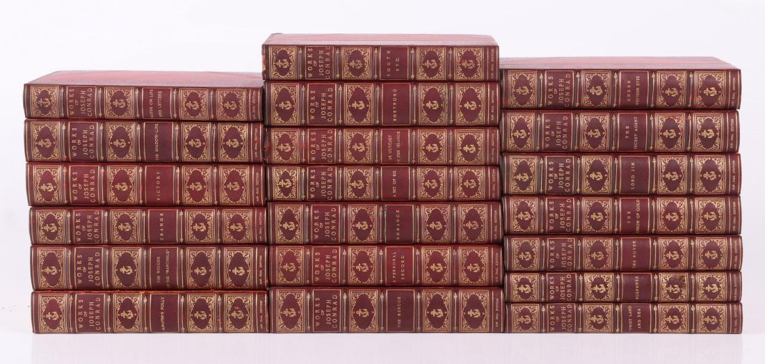 Book, Joseph Conrad, Sundial Edition, Signed: Doubleday, Page, and Company, Garden City and New York, 1920, Sundial Edition, twenty volumes, numbered 369 of 735, the first volume, "Almayer's Folly" is pen signed by the author; half bound hardcove