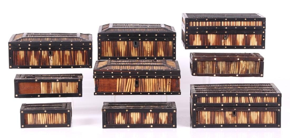 Nine Porcupine Quill Boxes Including Sinhalese: Various sizes and forms, with ebonized wood and inlay, some with sliding covers, some hinged, including a pair marked for Galle and one marked for Matara. Dimensions: From 4 1/2" x 3 3/8" x 1 3/4" to 