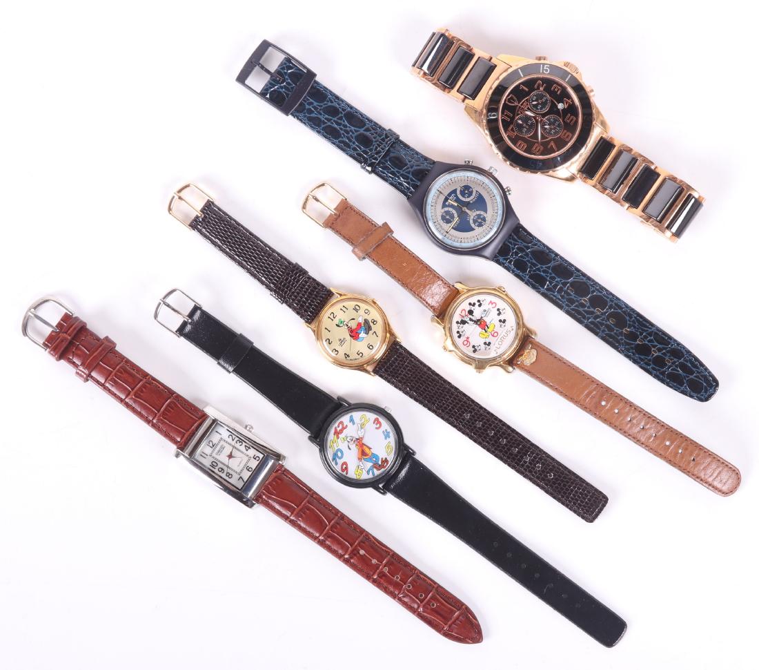 A Group of Men's Wristwatches Including Swatch: Comprising: a new in box Swatch Chrono number 5755, two Lorus watches (Mickey Mouse and Goofy) a Goofy watch from the Disney Store, a Gruen "Embassy" watch, and a Victory chronograph. Dimensions: The