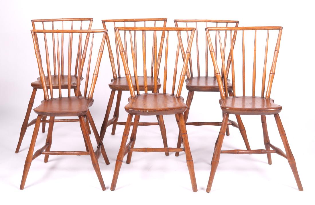 Set of Six American Windsor Side Chairs: Six diminutive rod back chairs with bamboo turnings and five spindles at the back, circa 1820. Dimensions: Each seat is approximately 11 1/2" x 13 1/2", seat heights are between 16 1/2" and 17", overa
