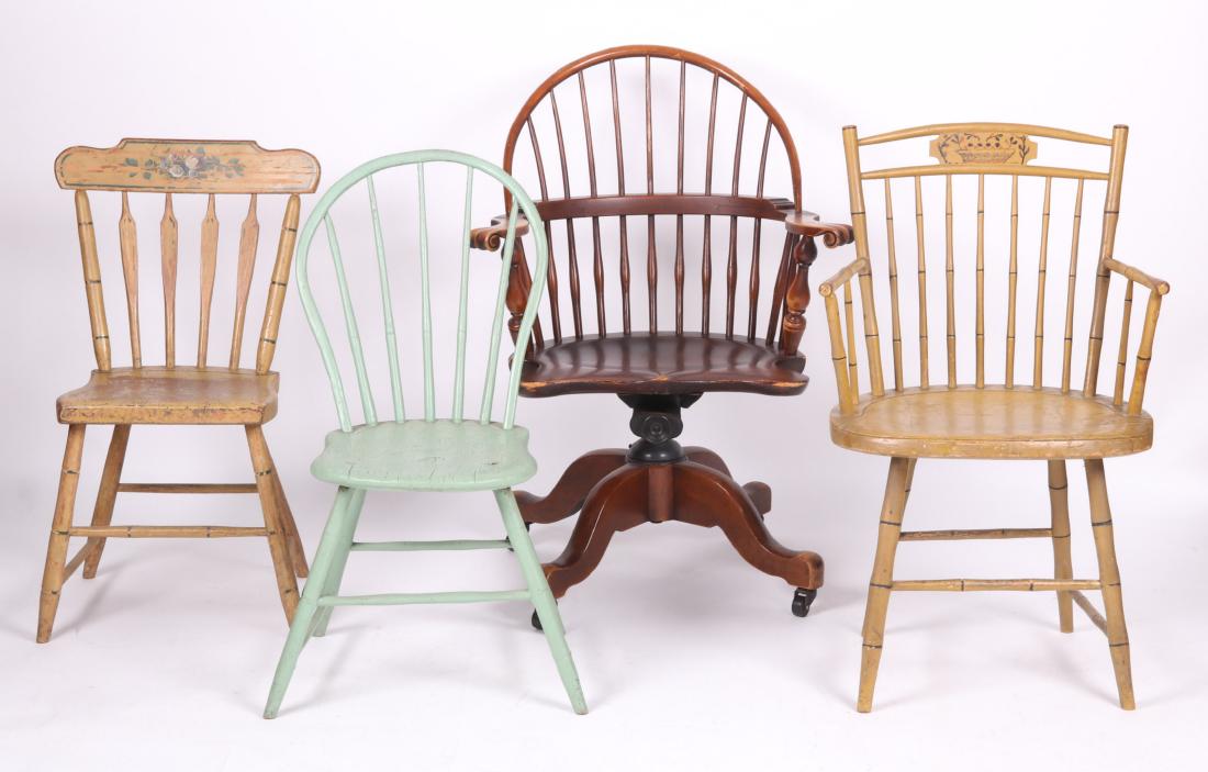 Group of Four Various American Windsor Chairs: A birdcage armchair with later yellow paint and patched seat (was a potty chair). A sack back side chair in later green paint. An arrow back side chair in original yellow paint with floral decoration.