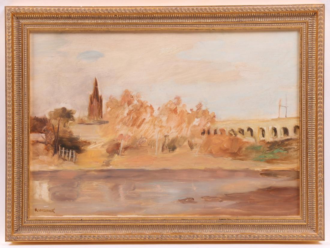Seymour Remenick (American 1923-1999) Oil on Board: A riverside townscape with a bridge and a church spire, signed at the lower left. Dimensions: 14" x 19 1/2", the frame 17" x 23". Provenance: From a Philadelphia estate.