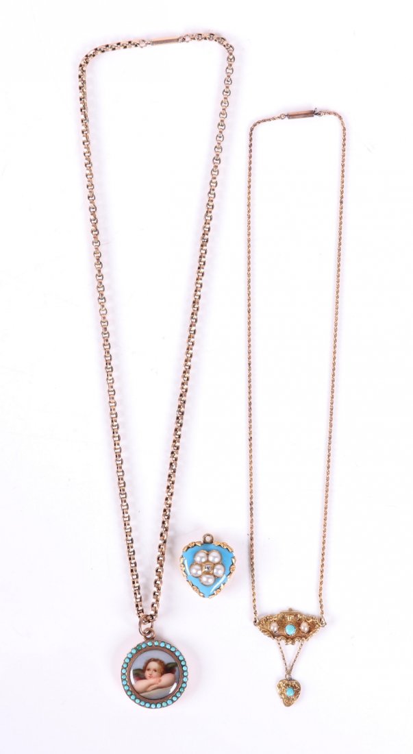 A Group of 19th Century Gold Estate Jewelry: A 14k gold pendant with porcelain plaque, hand painted and after Raphael, set with turquoise and with a 10k gold chain, a heart form enameled mourning pendant set with a central rose cut diamond surro