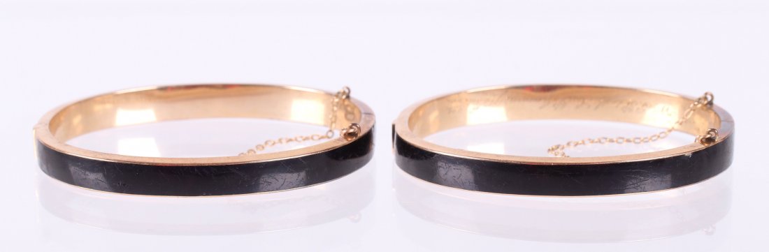 Two 19th c.14k Gold and Enamel Mourning Bracelets: Each with an engraved and chained clasp. Dimensions: The total approximate gross weight is 14.9 dwt. Each measures 2 3/8" x 2". Provenance: From a local estate.