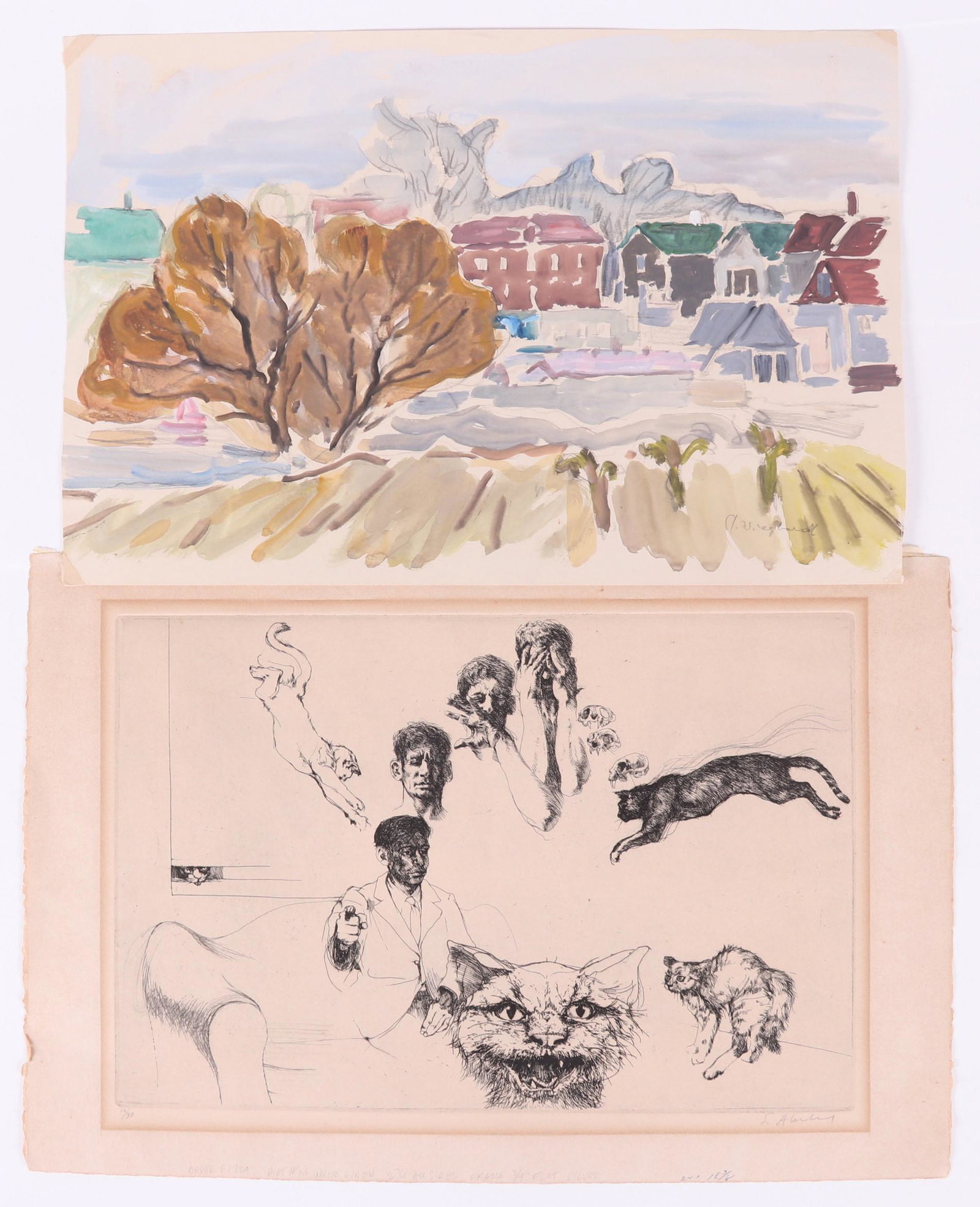 Paul Wieghardt Watercolor, Sigmund Abeles Etching: Paul Wieghardt (German/American 1897 - 1969), a watercolor depicting a townscape, pencil signed at the lower right. Sigmund Abeles (American b. 1934), an etching titled "Self Portrait with Cats", penc